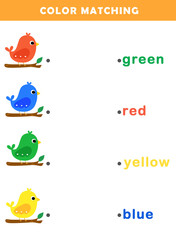 Color matching game for preschool kids. Color Matching Activities for Toddlers. Fun Puzzle with a Cute Cartoon Bird. Color matching worksheet for children.