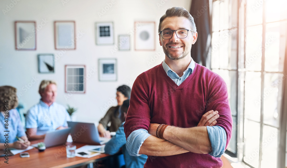 Poster portrait, meeting and business man with arms crossed for teamwork and support for project management