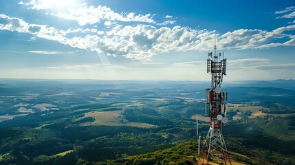 a clear view of Antenna tower of telecommunication and mobile base station with TV and wireless internet antennas