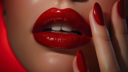 Naklejka premium Close-up of red lips with shiny lipstick