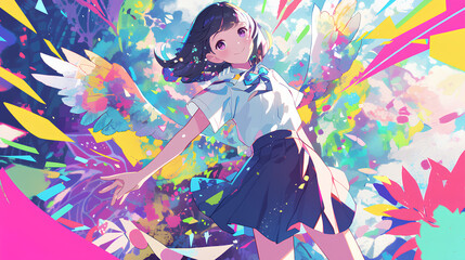 Obraz premium anime beautiful happy girl psychedelic background