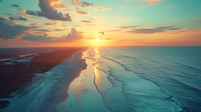 Aerial view of paramotor flight over a serene beach at sunrise, colorful parachute, tranquil ocean, clear sky, stunning clarity, high resolution