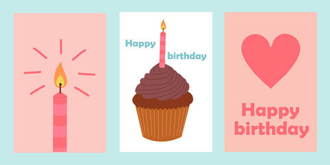 Happy birthday card set with cake, cupcake, holiday candles, and heart. Cute and elegant vector illustration templates in simple style