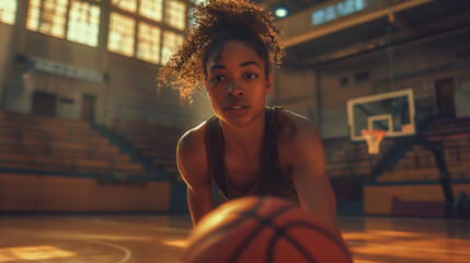 Focused female basketball player during training intense gaze indoor court athletic determination sports motivation competitive spirit

