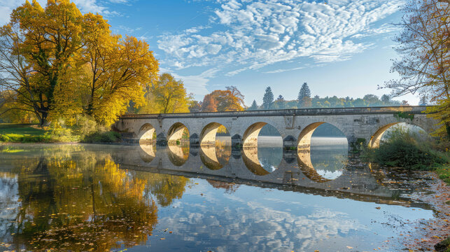 Scenic view of Bockerl Bridge and fall foliage in Lower Bavaria