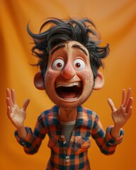 A digitally rendered cartoon character with wild hair, wide eyes, and a big smile