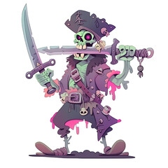 An illustration of a zombie pirate with pink eyes holding two swords