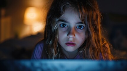 A girl is totally engrossed by the content on a screen, the glow casting a dramatic light on her face