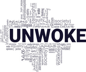 Unwoke word cloud conceptual design isolated on white background.