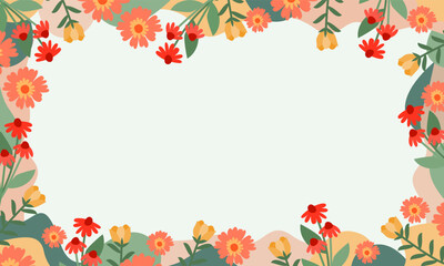 Aesthetic blooming flowers trendy background with copy spaces. Organic shapes background with florals border.