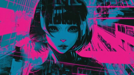 Cool grunge neon blue and pink y2k anime girl manga with a negative photocopy effect. retrowave vintage design