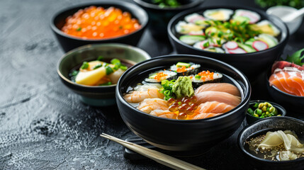 Variety of Japanese dishes with sushi, ramen, and rice bowls
