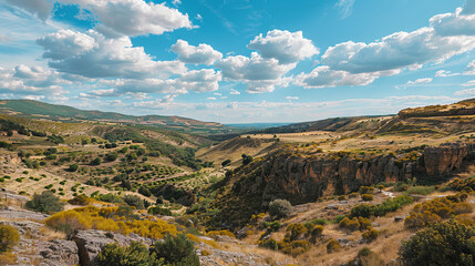 Fototapeta premium Landscape of Barrancas de Burujon hills under a blue sky in Toledo