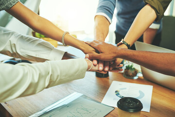 Fototapeta premium Team building, group and pile of hands with office, businesspeople and partnership for support. Teamwork, law firm and legal consultant for goal, help or mission target for corporate attorney