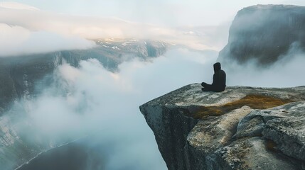 Man traveler sitting on Trolltunga rocky cliff edge in mountains