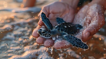 vA marine conservation organization releasing baby sea turtles into the ocean at sunset, symbolizing hope for the future of these endangered species 