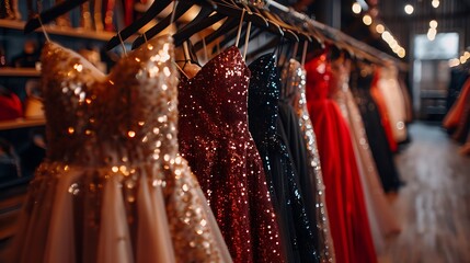 A row of elegant evening gowns hang on a rack in a boutique. The dresses are in various colors and fabrics, perfect for a special occasion.