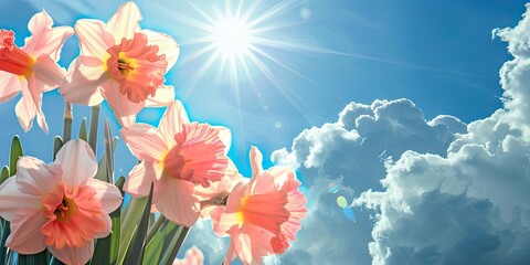 create an amazingly beautiful heavenly, sunny image with pink daffodil flowers and white fluffy  © Veayo