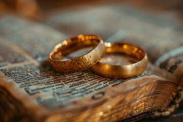 A closeup of two golden wedding rings and a holy bible represents the concept of marriage and the love between two Christians