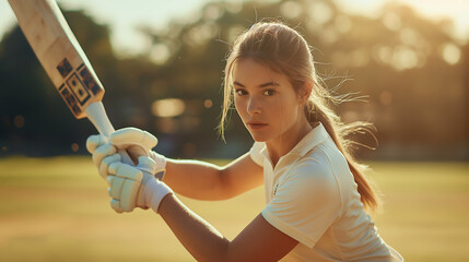  Female cricketer in action with bat at sunset in stadium portraying determination and focus perfect for sports enthusiasts and women empowerment themes in athletics