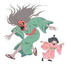 Obraz premium An illustration of a red-faced demon and a child running in fear