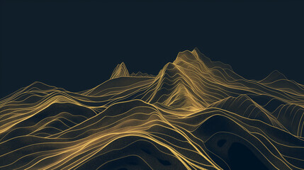 A minimalistic digital art piece featuring golden lines that form an abstract mountain landscape on a dark background