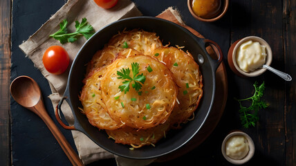 Tasty crispy golden yellow potato fried hash browns with garnished green leaf or yummy crunchy deep fry vegetable fritters latkes food meal