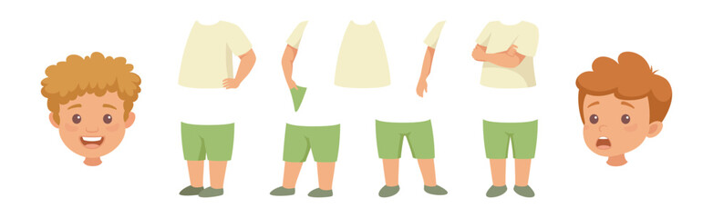 Little Boy Character Constructor with Body Parts and Face Emotion Vector Set