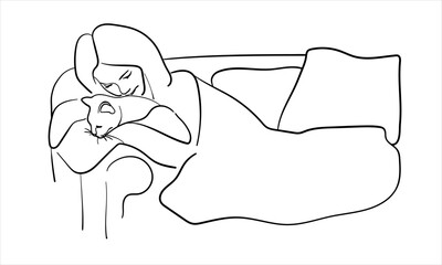 Girl sleeps with a cat continuous line art drawing isolated on white background. Vector illustration