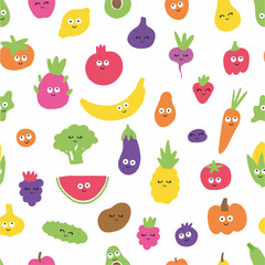 Vector seamless pattern of funny vegetables and fruits with eyes and cute faces, hand-drawn in doodle style