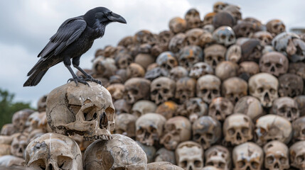 Fototapeta premium Raven perched on top of pile of human skulls, global war concept