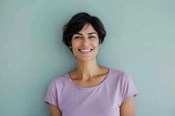 Fototapeta premium Portrait of a mature woman with a charming smile and short hair, wearing a purple top