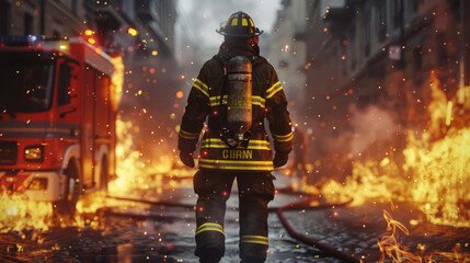With a fire hose in tow, this firefighter is on a determined walk in a street ablaze, fronting the firefighting engine
