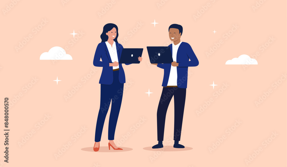 Poster great it computer office workers - man and woman standing with laptops in hand smiling together with