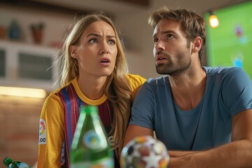 Two soccer fans in team jerseys look anxiously at the screen during a tense match moment at home