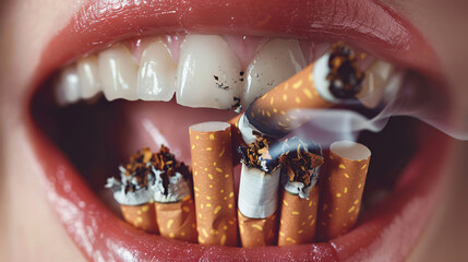 Detailed image of lips holding multiple cigarettes, conveying the concept of smoking
