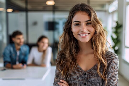 A joyful young woman with wavy hair smiles brightly, with colleagues engaged in conversation in a blurry background