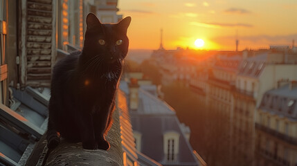 Un chat noir sur les toits de Paris, le chat de gouttière dans la capitale, regarde le coucher de...