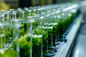 algae seaweed plant in test tubes closeup macro at medical science innovative laboratory