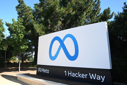 Menlo Park, California, USA - July 28, 2023: Meta logo sign near Meta Platforms headquarters on 1 Hacker Way.