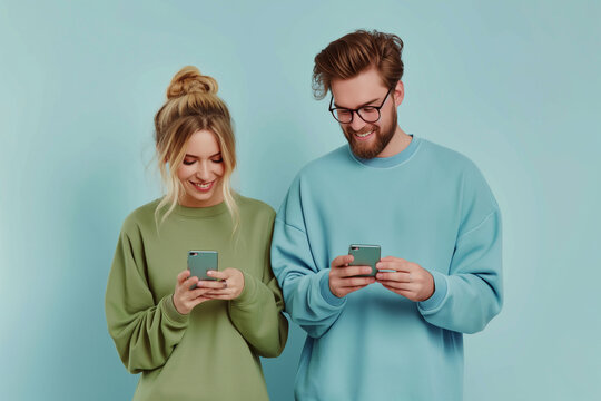 Happy Couple with Mobile Phone. Young happy  two friends family man woman  together hold in hand use looking at mobile cell phone isolated on pastel plain light background studio portrait.