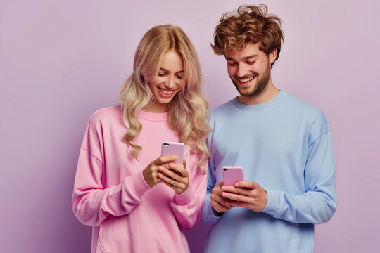 Happy Couple with Mobile Phone. Young happy  two friends family man woman  together hold in hand use looking at mobile cell phone isolated on pastel plain light background studio portrait.