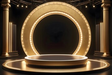 Empty round golden podium with spotlight. ideal for luxury product presentations, contests, and lottery themes.