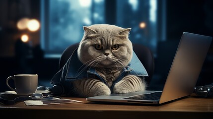 British Shorthair cat developer. British Shorthair hacker cat. Animal Computer. A cat in a hoodie sits at a desk in front of a computer screen. Hacker works in dark room hooded cat uses computer