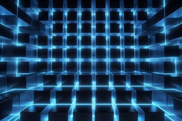 Naklejka premium Glowing blue cubes in an abstract structure on dark background. 3D geometric and digital pattern for web, technology, and futuristic design.