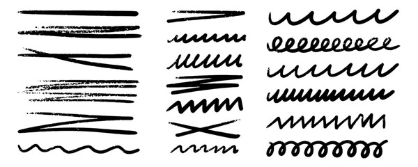 Crayon pencil texture squiggles, lines black colors.  Chalk brush various underlines, strikethrough, wavy rough lines