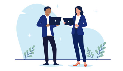 Business man and woman working on computer - Businessman and businesswoman standing with laptop in hands in corporate white collar office clothing smiling and working together. Flat design vector