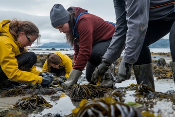 group of researchers conducting field experiments on algae and microalgae on algal beach on the sea