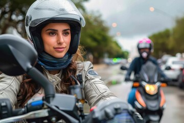 Energetic woman with a helmet riding a motorcycle in the city, accompanied by fellow bikers in a dynamic urban setting