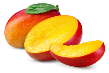 Mango isolated. Whole ripe red mango with slice, half and leaf on white background. Sliced mango with clipping path. Full depth of field.